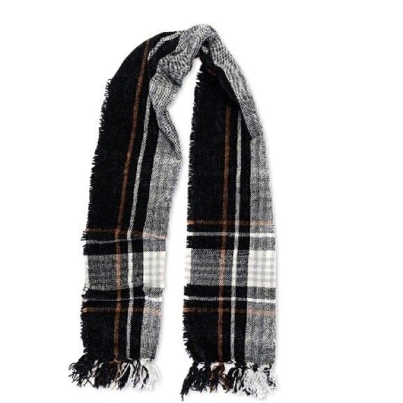 Charter Club Border Plaid Wrap Scarf Black brown gray Chenille New - Picture 1 of 6